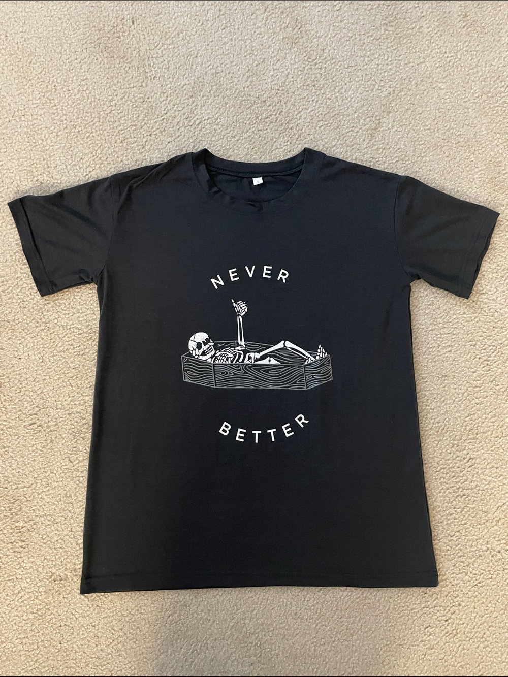 Never Better Skeleton Coffin Graphic Tee, Size S